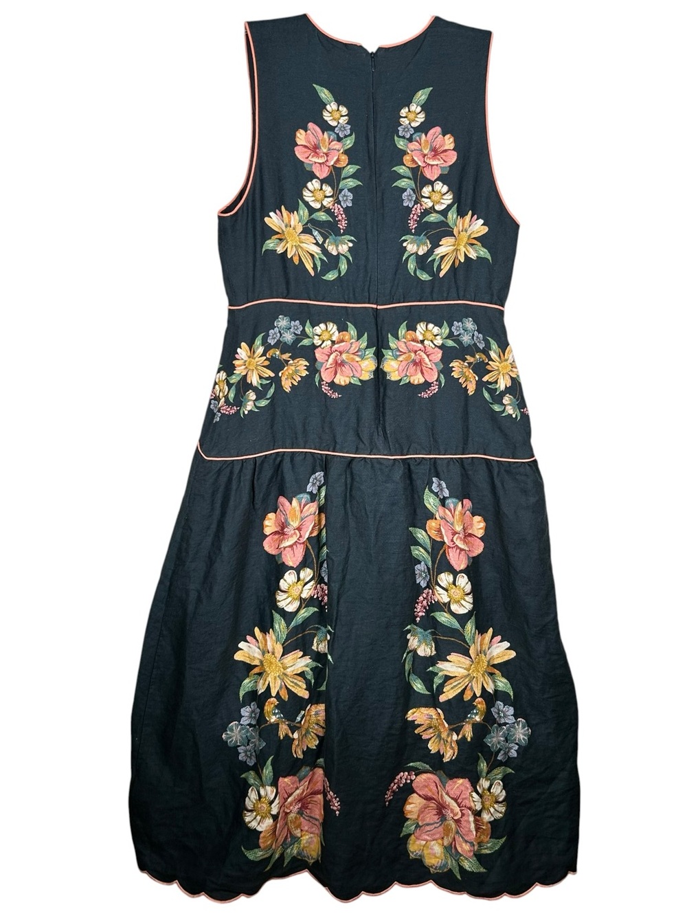 Farm Rio Dark Blue Maira Floral Premium Linen Scalloped Hem Midi Dress  XL - Picture 6 of 12